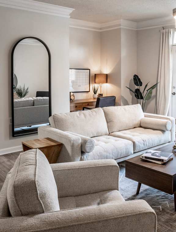 the living room has a large window and a coffered ceiling at The Ridge at Chenal Valley, Little Rock, Arkansas