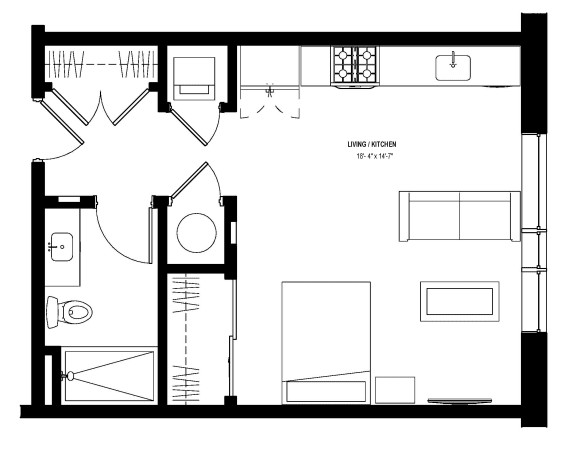 Studio 1 bath floor plan B at Glassworks, Pennsylvania