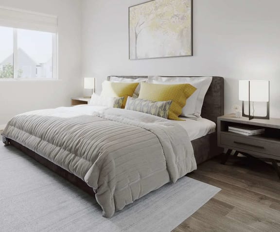 a bedroom with a bed and a window