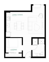 A floor plan for a Viridium Haze apartment shows a living and dining area on the left and a sleeping area on the right.