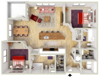 Floor Plan  4700 Colonnade apartments Birmingham Alabama two bedroom floorplan in 3d Rendering