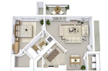 A 3D-floor plan featuring an angled view with visible furniture layout, a 1 bedroom and 1 bathroom at 760 Sq. Ft. 