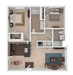 A floor plan of a house with a kitchen, living room, and bathroom.