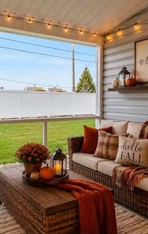 A cozy fall-themed room with a sign that reads "Grateful, Thankful, Blessed.".