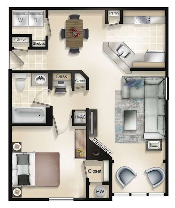 1 Bedroom 1 Bathroom Floor Plan at Brittany Commons Apartments, Spotsylvania, VA