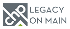 A black background with a grey and white logo and the words "Legacy on Main" in white.