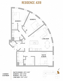 A floor plan for a residence labeled A319 shows three bedrooms and a living room.