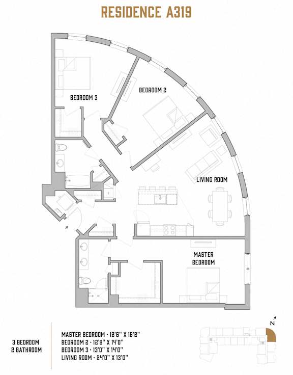 A floor plan for a residence labeled A319 shows three bedrooms and a living room.
