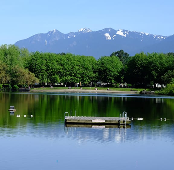 a view of a lake with mountains in the background