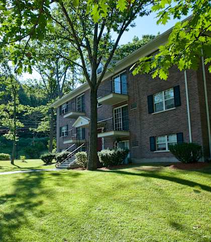 A sunny day at a residential area with apartment buildings and parked cars.