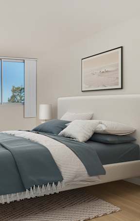 avenue two model bedroom with large bed and open window at Avenue Two Apartments, Redwood City