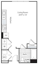 A floor plan for a SOHO Studio at 560 square feet with a living room, kitchen, bath, and closet.