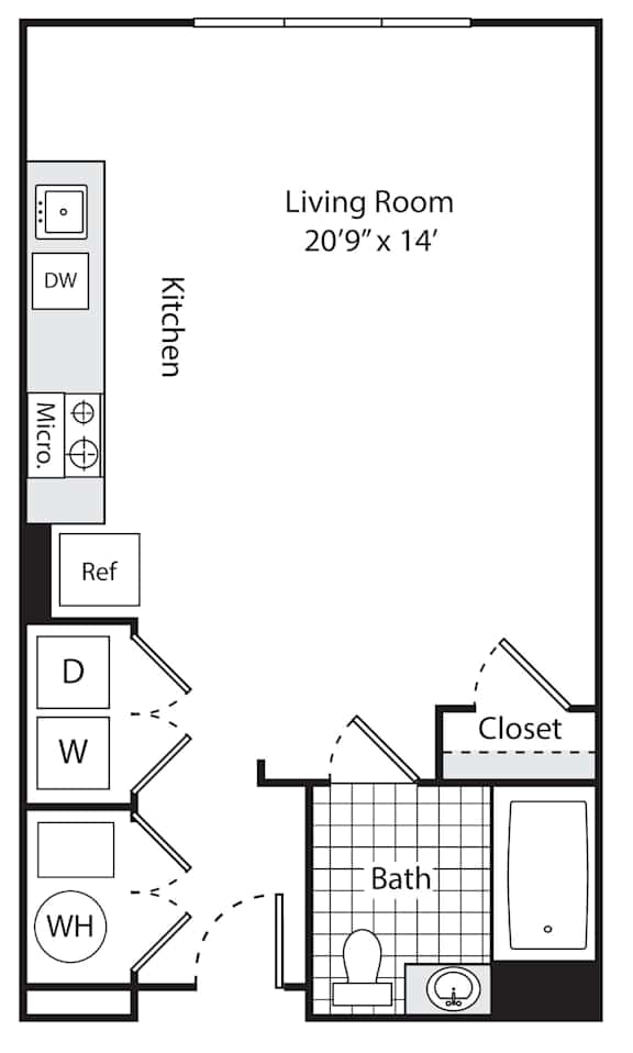 A floor plan for a SOHO Studio at 560 square feet with a living room, kitchen, bath, and closet.