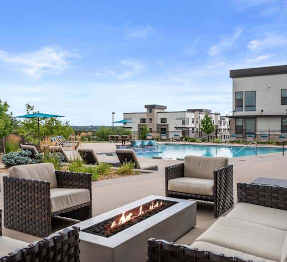 Gateway Arvada Ridge Outdoor Courtyard with Pool, Fireplace, and Seating Areas