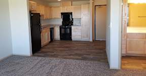 A kitchen with black appliances and wooden cabinets.