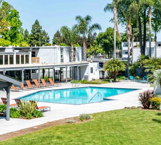 A pool surrounded by a green lawn and trees.