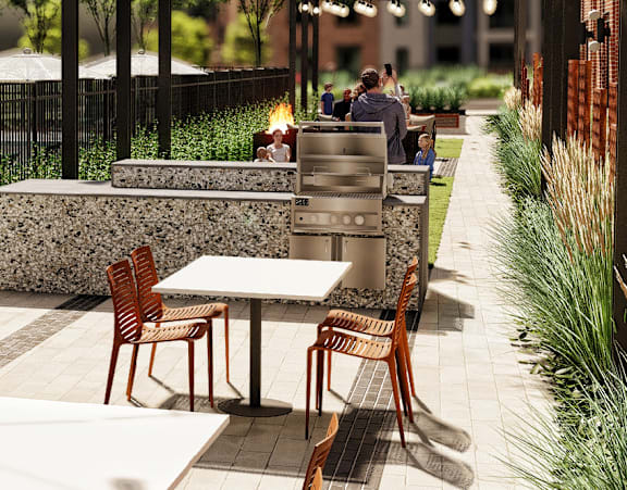 A patio with tables and chairs is shown in the image.