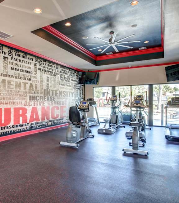 A large room with a stone wall and a red rug in the middle.