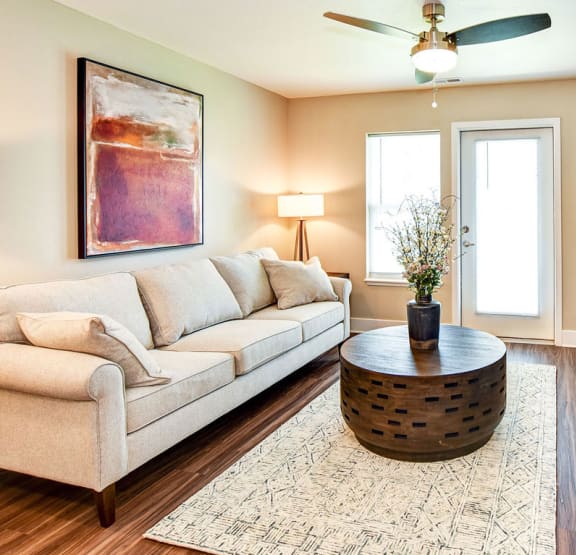 a living room with a couch and a television  at Signature Pointe Apartment Homes, Athens
