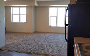 A kitchen area with a sink and a refrigerator.