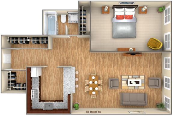 1-bed/1-bath 3D floorplan at 7251 at Waters Edge, Chicago, IL