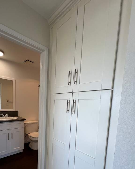 A white cabinet with a mirror is open.