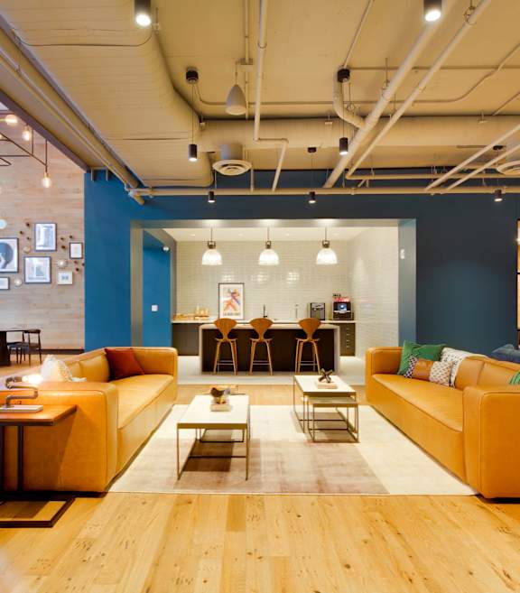 A modern living room with a blue accent wall and wooden floors.