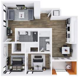 A top-down view of a modern apartment layout with a kitchen, living room, and bedrooms.