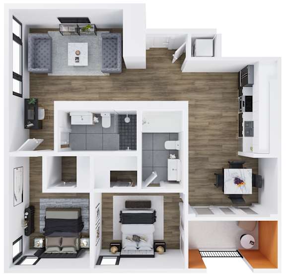 A top-down view of a modern apartment layout with a kitchen, living room, and bedrooms.