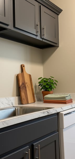A kitchen with a white sink and a white dishwasher.