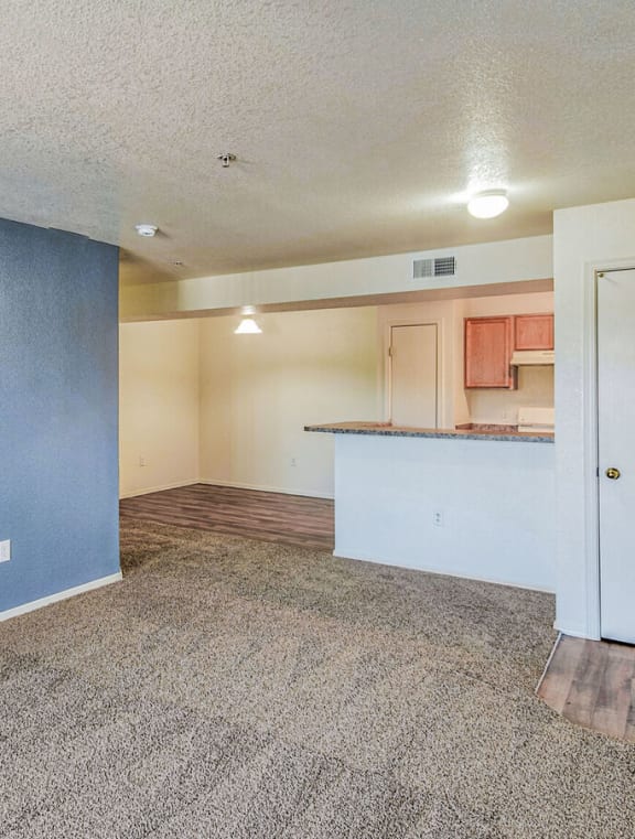 the living room and kitchen of an apartment with a blue wall