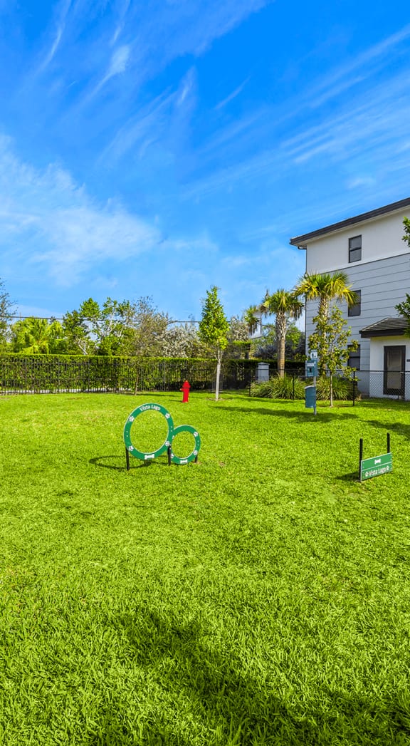 a backyard with a green yard and a house