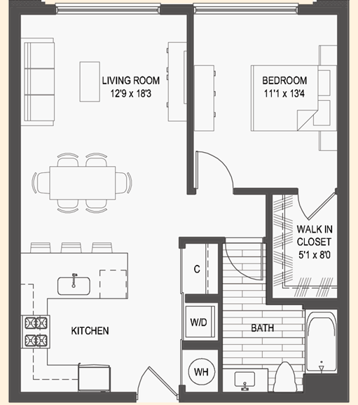 1 bed 1 bath floor plan L at Iron Works Sono, Norwalk, Connecticut