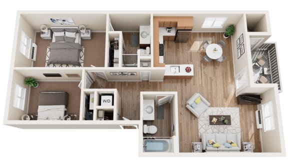 a stylized floor plan with a bedroom and a living room