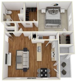 The Cowbell One bedroom and One bathroom Floor Plan | 797 Sq. Ft. at Crossgates Apartment Homes, Starkville, MS