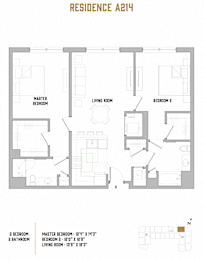 A floor plan for Rose Hall Residence A214 showing the layout of two bedrooms, a living room, and a master bedroom.
