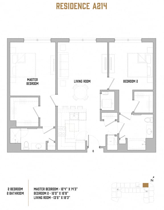 A floor plan for Rose Hall Residence A214 showing the layout of two bedrooms, a living room, and a master bedroom.