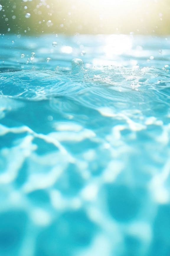 a swimming pool with the sun shining over the water