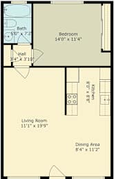 A floor plan for a one bedroom apartment at 2336 California Street, Mountain View, Ca 94040.