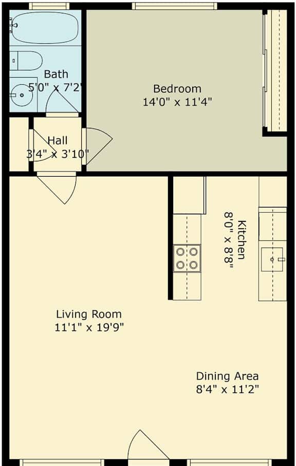 A floor plan for a one bedroom apartment at 2336 California Street, Mountain View, Ca 94040.
