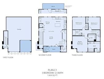 A diagram of a three bedroom apartment with a first, second and third floor.