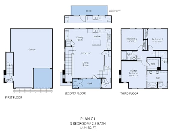 A diagram of a three bedroom apartment with a first, second and third floor.