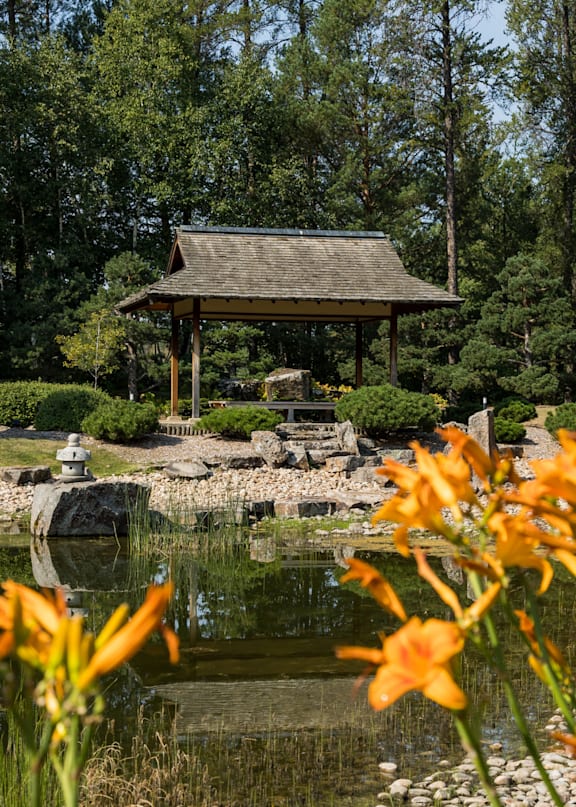 A gazebo sits in the middle of a pond surrounded by trees and flowers.