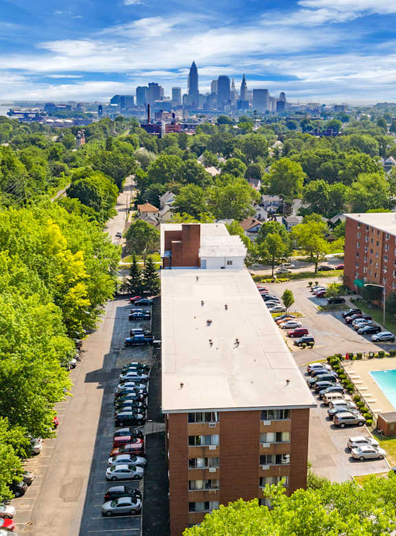 A view of a city skyline from a high vantage point.