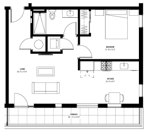 1 bed 1 bath floor plan B at Glassworks, Pennsylvania, PA