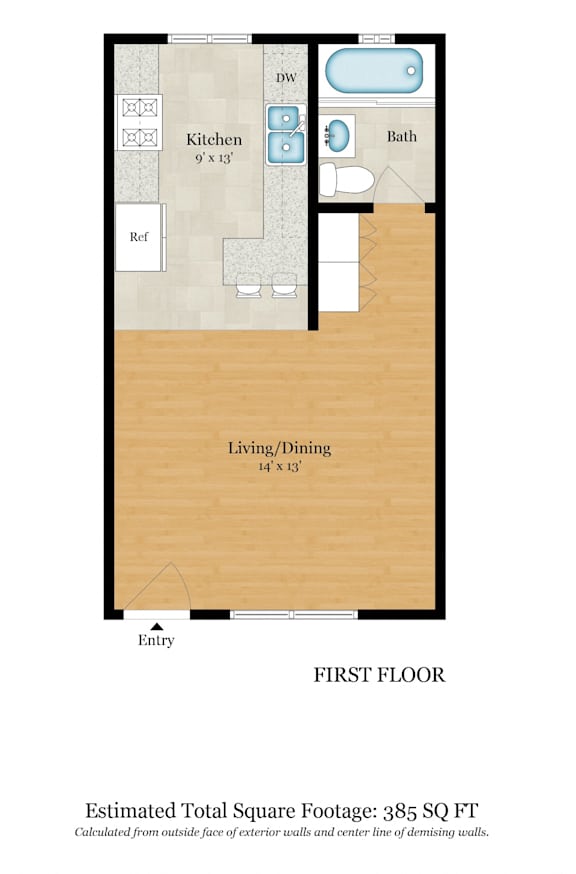 A floor plan of a house with a total estimated square footage of 905.