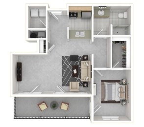 3d floor plan of the 1 bed 1 bath apartment for rent at Riley Court in Bountiful, Utah