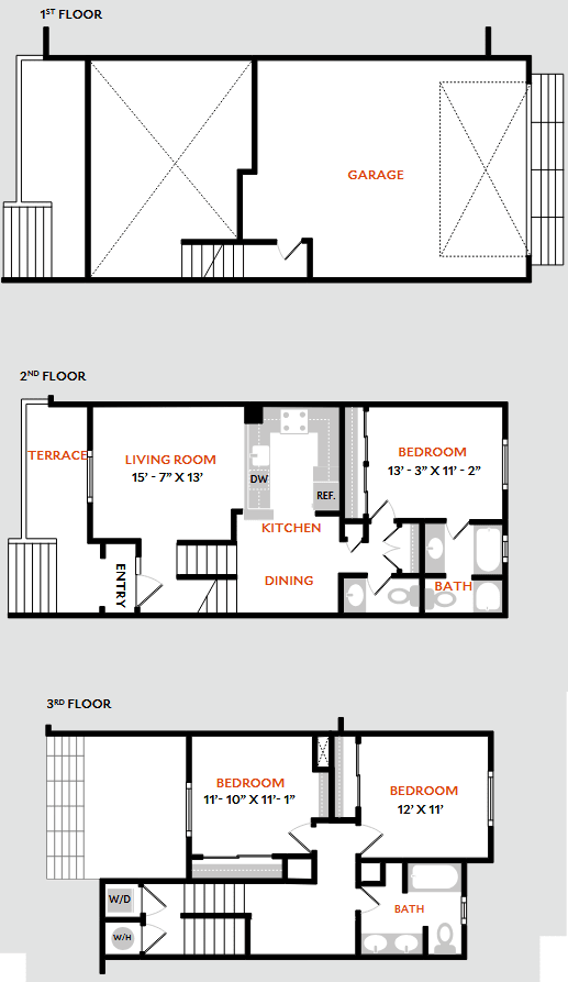 A floor plan of a three-story house with a garage on the first floor.