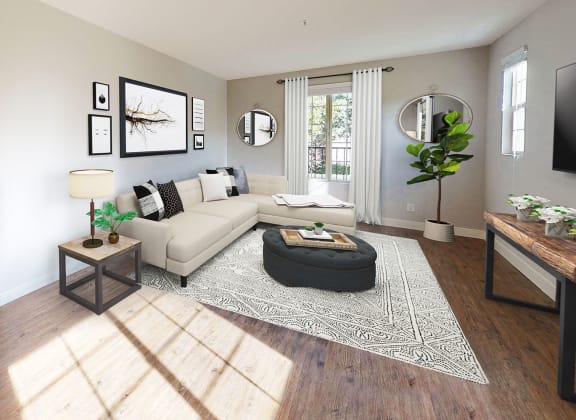 a rendering of a living room with a couch and a table  at Mission Hills, Camarillo, CA