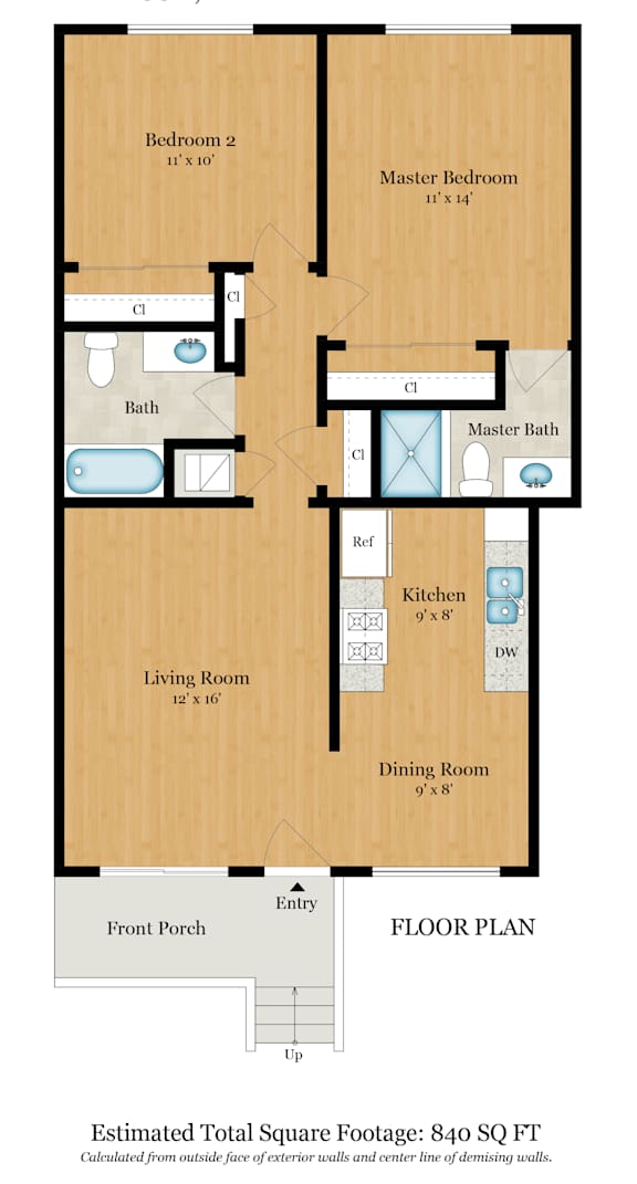 A floor plan of a house with a total square footage of 915 sq ft.